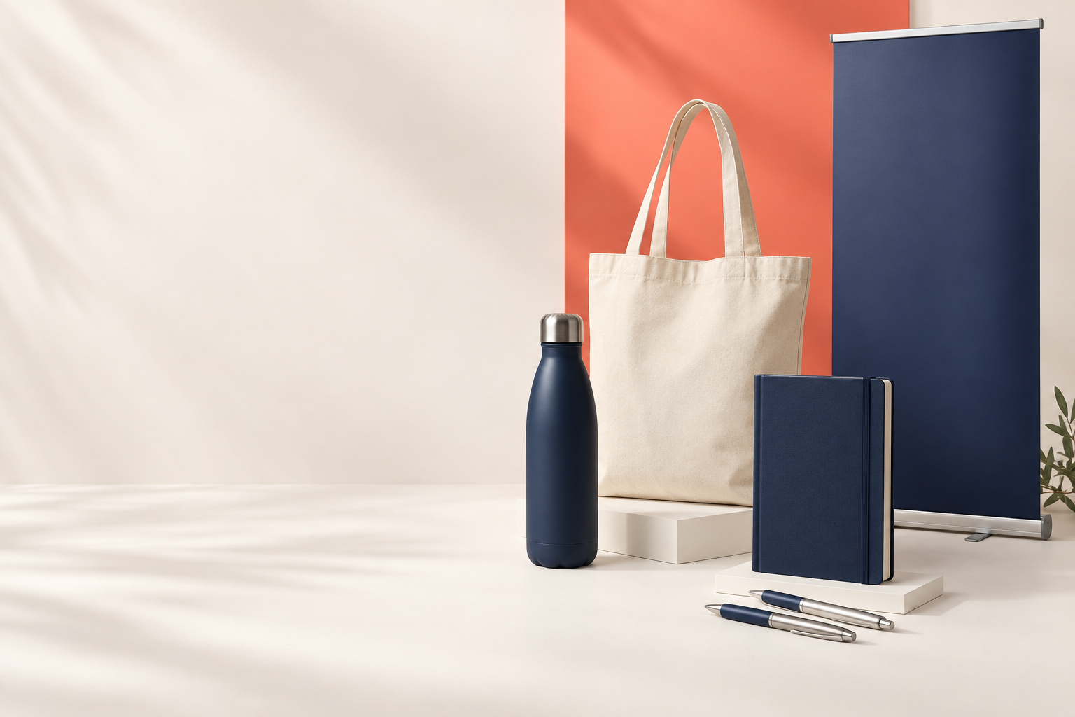 Selection of branded tote bags, drinkware, notebooks and event displays